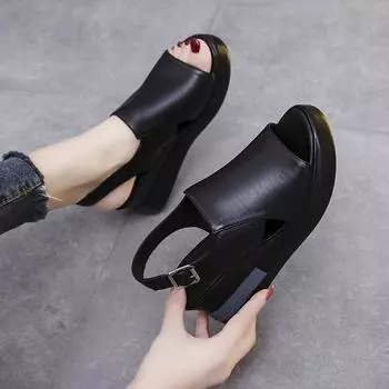 2024 Women s Platform Wedge Sandals New Summer High-heeled Fish Mouth Women s Shoes Soft Leather Heightened Platform Shoes 35 бежевый