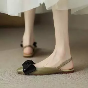 2024 Women s Shoes Rear Strap Women Sandals Spring Bow Tie Closed Toe Solid Color Ladies Flat 35 армия зеленый