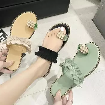 2024 Women Slipper Pineapple Pearl Flat Toe Bohemian Summer Beach Sandals Ladies Shoes plus size Mujer Verano 35 чёрный