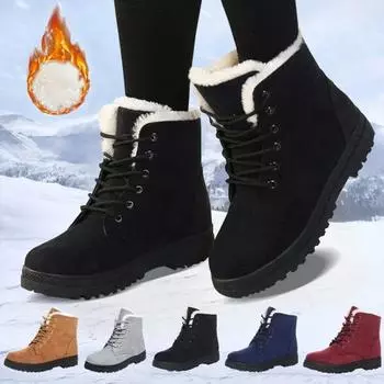 2024 Women Winter Boots Ladies Snow Boots Lace Ankle Boots Female Non Slip Plush Fur Shoes Keep Warm Ankle Botas Plus Size 35-43 35 чёрный