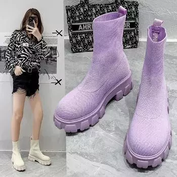 2024 Женские толстые подошвы Повседневные Большие красные вязаные ботильоны Весна Новые женские носки Сапоги Женские Botas De Mujer Обувь Женская 35 бежевый