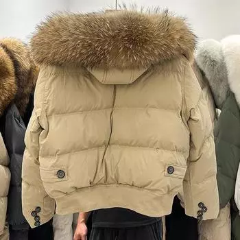 2024 Зимняя Новинка Handong Gate Big Fur Collar Tooling Parker Down Jacket Женская Свободная Повседневная Короткая Маленькая Куртка S 90-60 kg