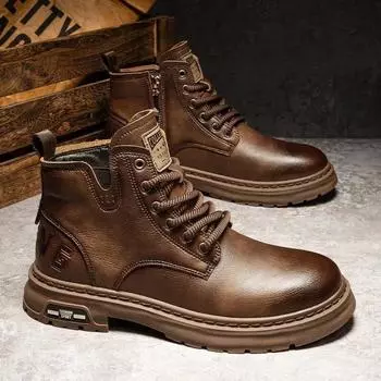2024Men s Boots High Quality Leather Boots Retro Lace Up Ankle Boot Fashion Motorcycle Boots for Men Platform Boot Botas Hombre 39 коричневый