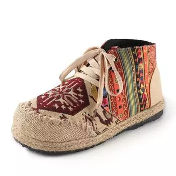 2024Женская обувь Boho хлопок лен холст одинарный национальный тканый круглый носок шнуровка тканевые туфли женские балетки размер 35-40 35 синий