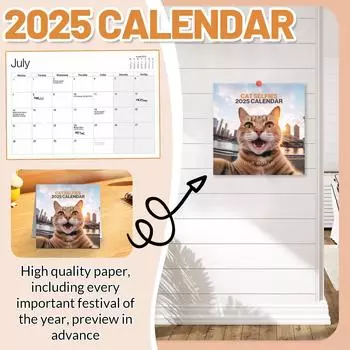 2025 Animal Selfie Cat Cat Calendar Милый настенный календарь One Size белый
