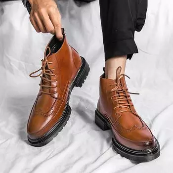 2025 autumn and winter high-top pointed toe foot leather shoes microfiber leather rubber sole high-top shoes Brock leather boots men s leather shoes 38 чёрный