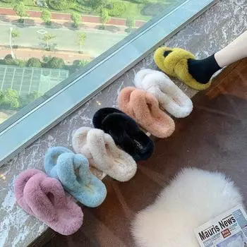 2025 autumn and winter Internet celebrity slippers foreign trade cross hair slippers women s shoes slippers outside wear warm women 35 жёлтый