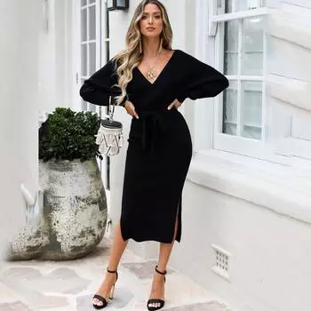 2025 autumn and winter new knitted dress slim v-neck sweater skirt can be made S/M хаки