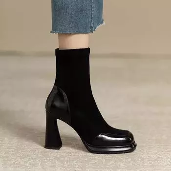 2025 autumn and winter retro thick heel short boots women s splicing waterproof table simple elastic thin boots high heel short single boots 34 чёрный