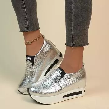 2025 autumn new casual large size single shoes women s inner height increase muffin bottom women s sports single shoes 35 серебряный