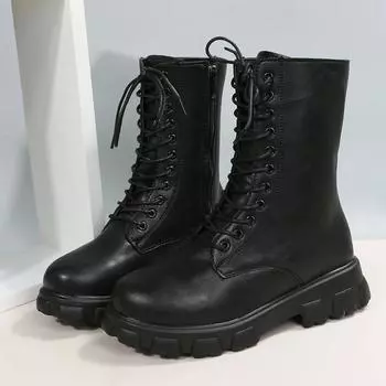 2025 Boots Women Autumn Winter PU Leather White Ankle Boots Motorcycle Female Chunky Heels Platform Boots 35 чёрный