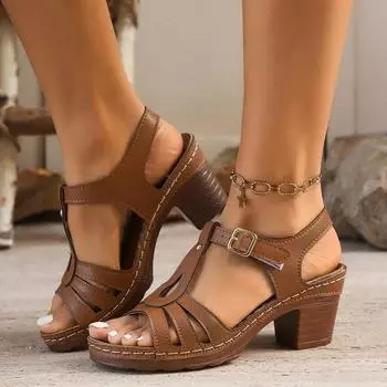 2025 foreign trade spring summer Europe and the United States hollow buckle large size thick heel sandals new breathable fish mouth sandals women 36