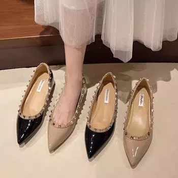 2025 French pointed single shoes women s summer versatile shallow mouth flat bottom ladyshoes rivets gentle evening shoes large size women s shoes 34