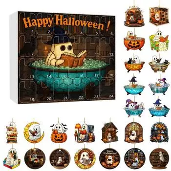 2025 Halloween Ghost Reading Ornament Set 24 Days Advent Calendar 2D Acrylic Reading Ghost Countdown Calendar for Party Decor E