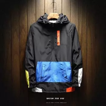 2025 Korean Spring Men s Color-Block Hooded Jacket: Trendy Loose-Fit Casual Pullover Baseball Style 5XL серый