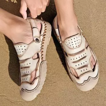 2025 Men s Shoes Spring Sandals Men s Casual Breathable Slippers Men s Sneakers Beach Shoes Men s Carved Shoes 38 песочный