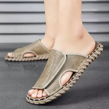 2025 men s shoes summer hand-sewn Velcro men s casual one-word slippers non-slip 23316Shoes 39 песочный