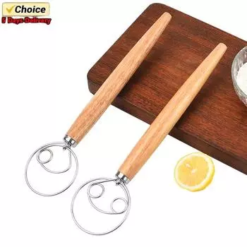 2025 New 8Pcs 13 Inch Oak Handle Flour Mixer Danish Dough Mixer 430 Stainless Steel Coil Egg Beater