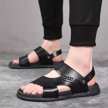 2025 new beach shoes men s leather breathable outdoor one-word sandals manufacturer 2086-Y 38 чёрный
