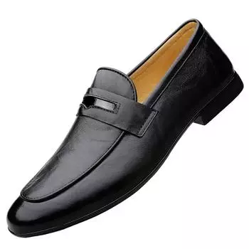 2025 New Fashion Men Genuine Leather Flat Loafers Commute Slip-on Business Shoes Solid Casual Leather Simple Soft Bottom Shoes 38 чёрный