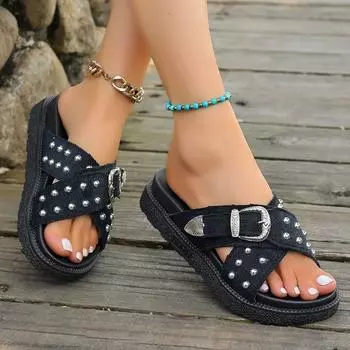 2025 New Fashion Rivets Platform Sandals Women Black Cross Strap Thick Sole Slippers Woman Plus Size Metal Buckle Summer Slides 35 чёрный