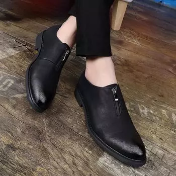 2025 New Four Seasons British Simple Soft Surface Business Dress Leather Shoes Men s Zipper Casual Gentleman s Office Wedding Shoes 38 чёрный