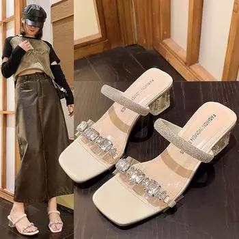 2025 new high-heeled transparent rhinestones wearing cool slippers for women s head sexy versatile large-size high heels for women 35 чёрный