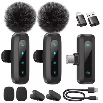 [2025 New Lapel Microphone] Wireless Lapel Microphone, Compatible with iPhoneiPadPC, Simultaneous Use for Two People, Instant Connection, LED