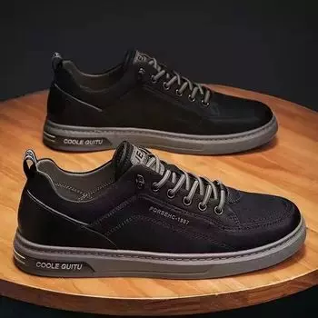 2025 New Men s Casual Leather Shoes Sports Thick Soled Board Shoes 40 чёрный