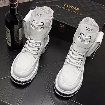 2025 New Men s Thin High-Top New Mid-Calf Motorcycle Height Increasing Insole Summer Ankle Boots Hollow out 39