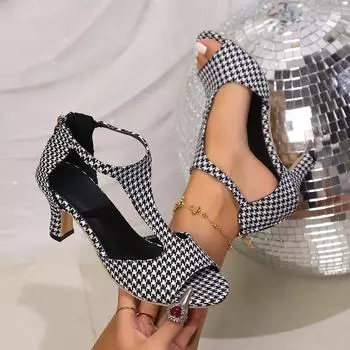 2025 new open-toed large size thousand bird grid fish mouth hollow word with women s high-heeled sandals 34