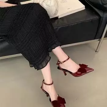 2025 new package head sandals female red pointed bow high heels a word with buckle fine heel elegant single shoes 37 вино красного