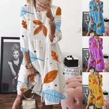 2025 New Short Sleeve Women s Three-Quarter Sleeve Summer Pine Leaf Print High Waisted Midi Dress S жёлтый