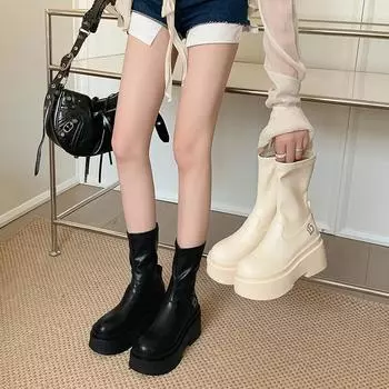 2025 new small heel short boots elastic thin boots children thick soles ins Spice Girls trendy shoes 35 чёрный