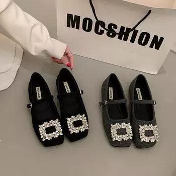 2025 new spring gentle Mary Jane evening shoes French flat black square head rhinestone single shoes women s shoes 35 серый