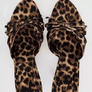 2025 new spring one-word strap empty women s stiletto slippers bow with leopard print sexy printed high-heeled sandals 35 леопардовый