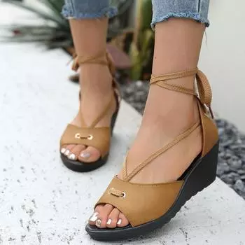 2025 new straw Roman sandals summer straps hemp sole shoes lace up hemp rope wedge sandals 36 чёрный