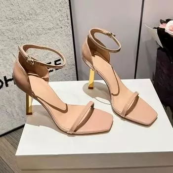 2025 New Summer Fashion Square Head Sexy Narrow Band Open Toe Brand Luxury Design Women s High-heeled Sandals heels 34 бежевый