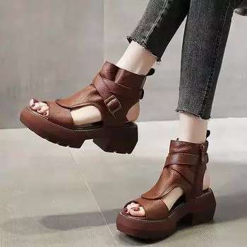 2025 New Summer Shoes Women Sandals Retro Genuine Leather Wedges Platform Peep Toe High Heel Black 35 темно-коричневого