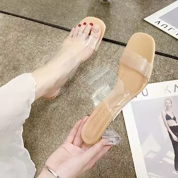 2025 new summer transparent heel high heel thick heel simple PVC cool slippers, one word with open toe women s shoes foreign trade shoes 34