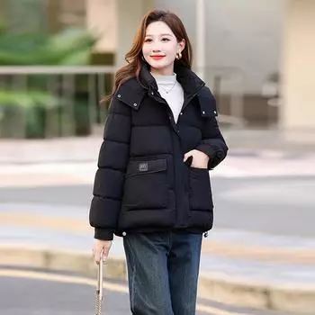 2025 new winter clothes, Korean version of cropped cotton jacket, thickened hooded cotton jacket, loose winter padded jacket M