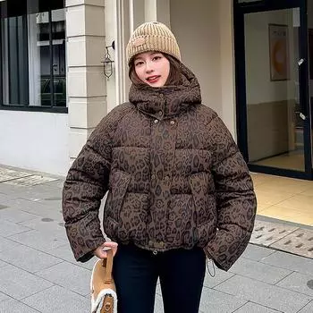 2025 New Women s Winter Short Leopard Print Hooded Cotton Jacket Padded Clothes European and American Fashion Loose Personalized Jackets M