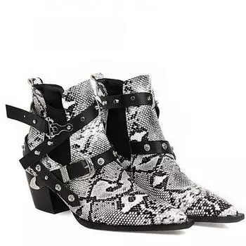 2025 Newest Metal Rivet Patchwork Belt Buckle Boots Chunky Heel Mid Calf Pointed Toe Slip On Boots Fashion Casual Winter Boots 34