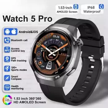 2025 Новые часы GT5 Max Смарт-часы HD AMOLED Экран NFC GPS Трекер Звонок по Bluetooth Здоровье Водонепроницаемые Смарт-часы Мужские Женские Для Huawei Black Silicone