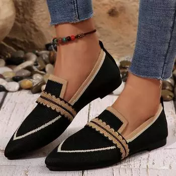 2025 outer size large size flying woven single shoes women s spring and autumn outer wear pointed flat bottom breathable casual color matching Doudou 36 чёрный