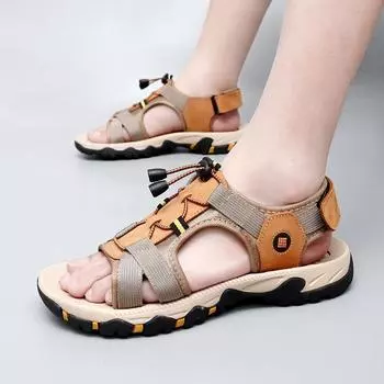 2025 Sandals Men s Casual Slippers Daily Outdoor Beach Shoes Leather Velcro Sandals Men s Shoes 38 коричневый