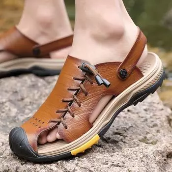2025 sandals men s new leather summer breathable non-slip shoes soft sole waterproof bag head casual shoes sandals Shoes 38
