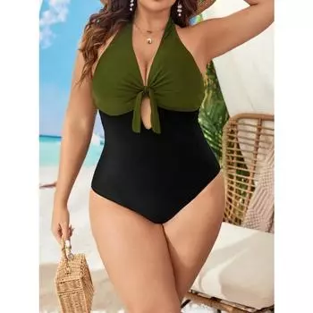 2025 Solid Patchwork Plus Size Купальники Женские Завязанный Холтер Полый Цельный Купальник Push Up Backless Большой Купальник 0XL