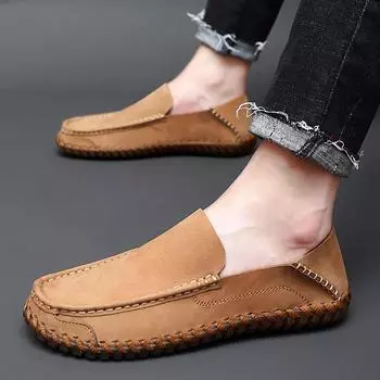 2025 spring and autumn new breathable casual beef tendon sole driving one pedal Doudou shoes soft sole cowhide hand Shoes 38 хаки