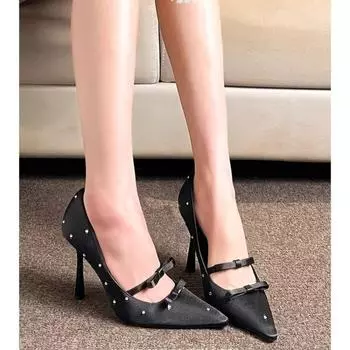 2025 Spring and Autumn new pointed black satin shallow mouth strap rhinestone high heels female fine heeled single shoes 9CM 35